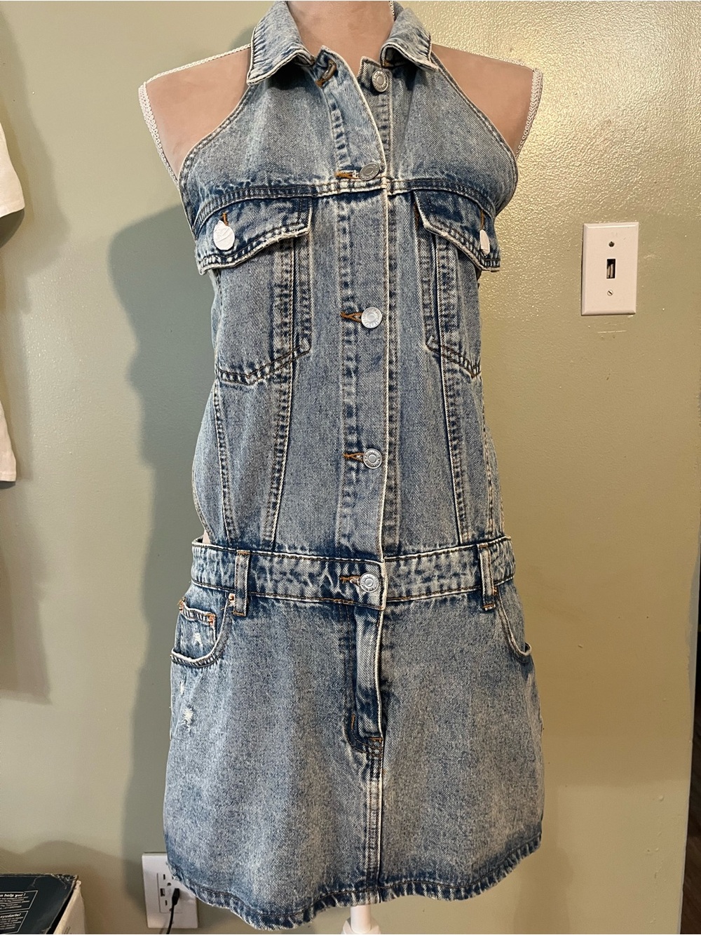 Sleeveless Halter Denim Micro Mini Dress in Light Blue CutSides Open Back M NWT
